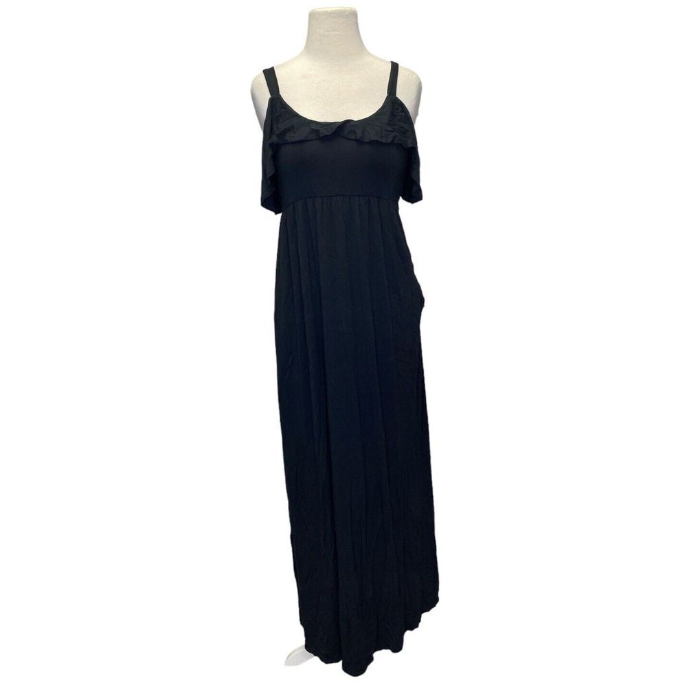 Soma Maxi Dress Medium Black Ruffle Pockets Stretch Soft Jersey Cold Shoulder